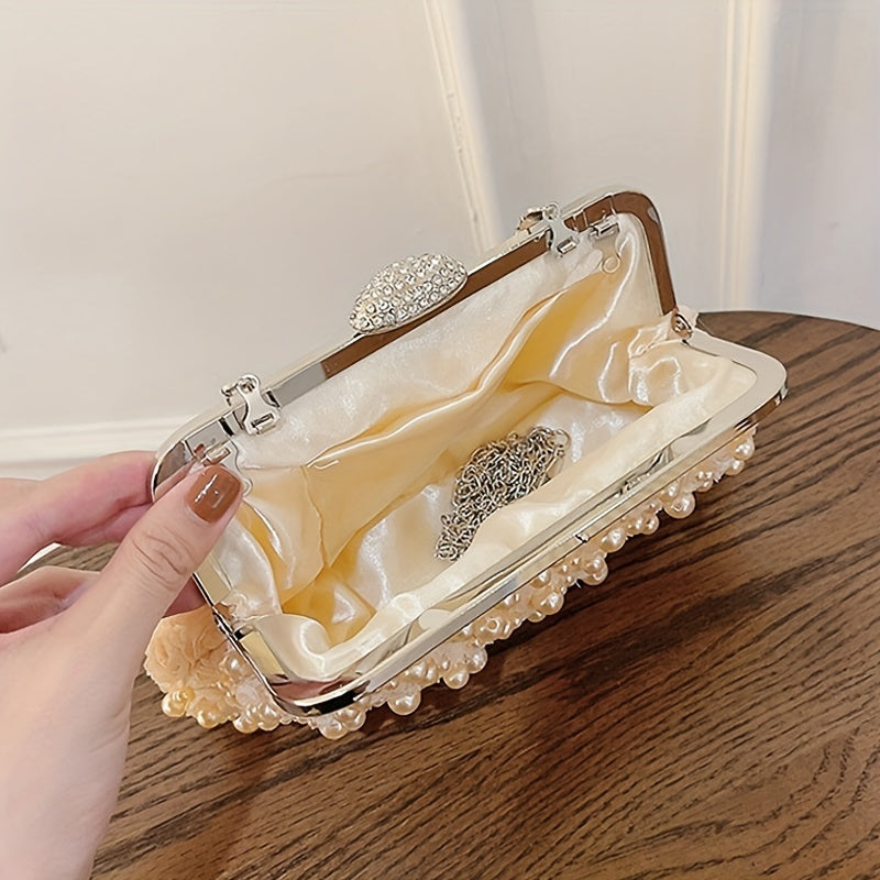 Luxurious Faux Pearl Evening Clutch Bag - 3D Flower Embellished, Top Ring Design, Wedding Bridal Prom Banquet Purse with Elegant Look and Compact Size
