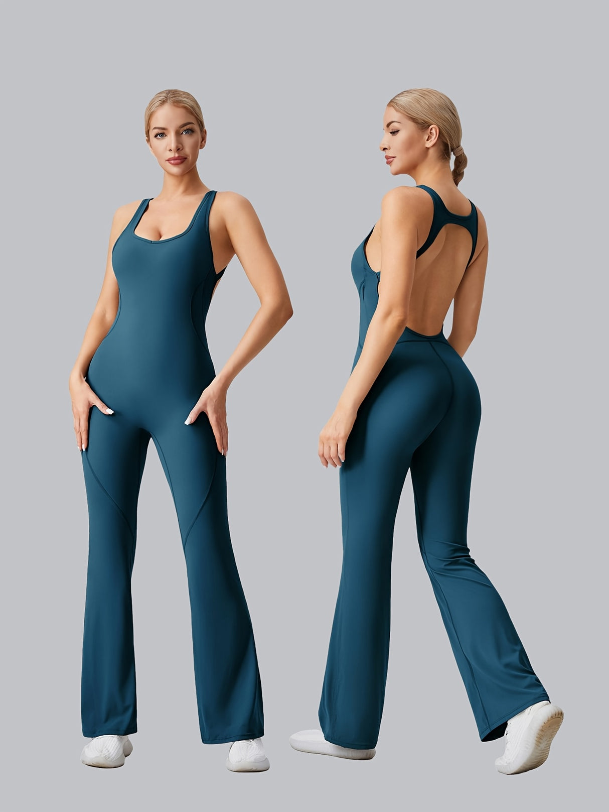 [Removable Padded Bra Workout Jumpsuits] Women Workout Fashion Flare Sleeveless Jumpsuits with Removable Padded Bra Hight Stretch Sportswear for Outdoor Activities (Black Brown Linen Dark blue)