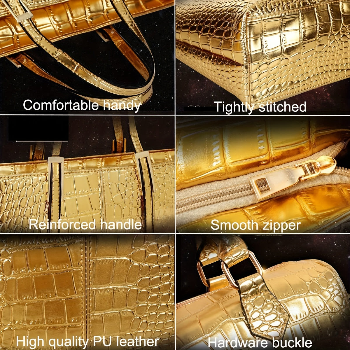 3pcs/set Golden Luxury Top Handle Tote Bag, Crocodile Print Satchel Handbag, Women's Fashion Shoulder Bag, Crossbody Bag & Purse
