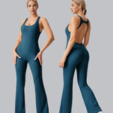 [Removable Padded Bra Workout Jumpsuits] Women Workout Fashion Flare Sleeveless Jumpsuits with Removable Padded Bra Hight Stretch Sportswear for Outdoor Activities (Black Brown Linen Dark blue)