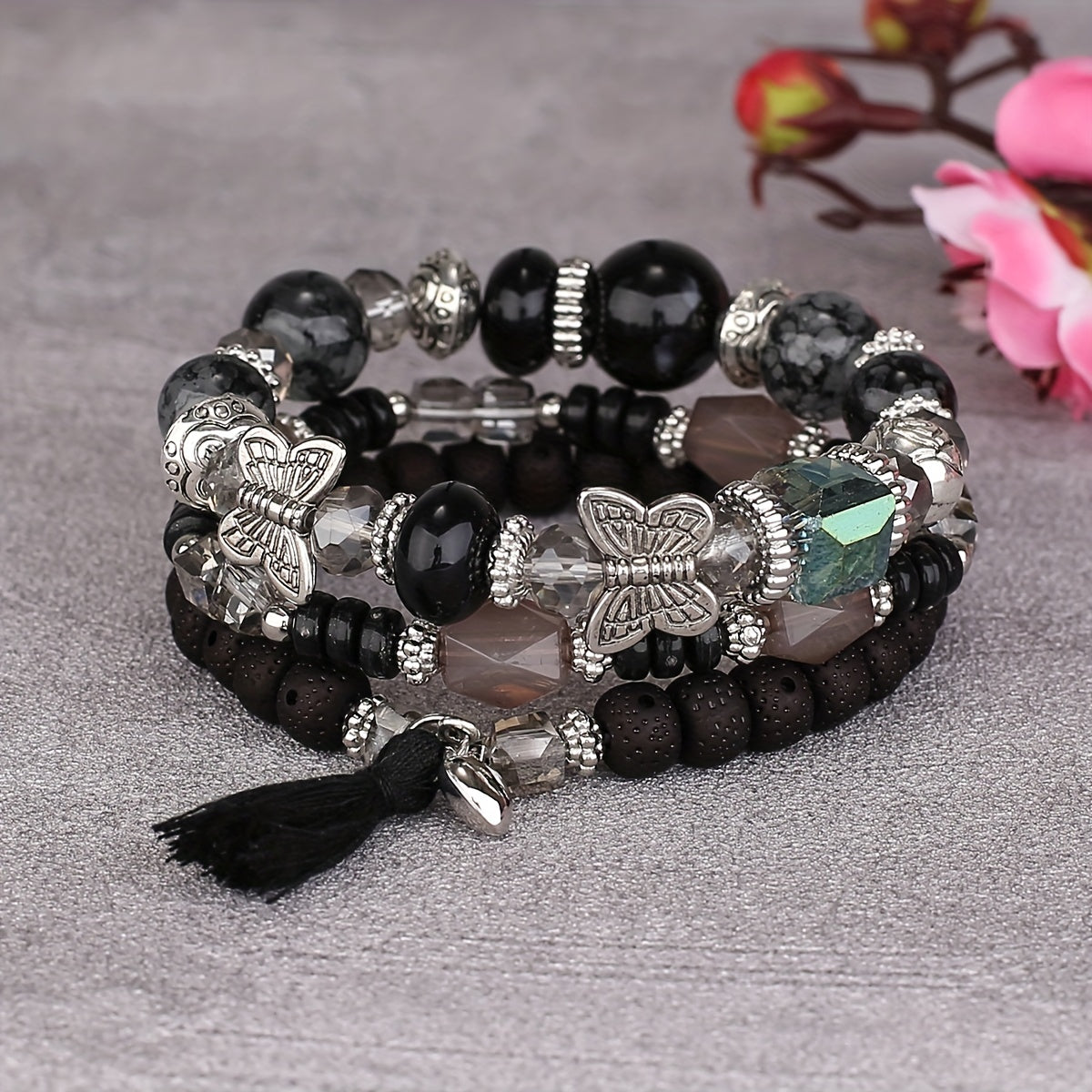 3pcs/set Vibrant Bohemian Butterfly Pendant Tassel Beaded Elastic Multi-Layer Acrylic Bracelets - Stylish Boho Accessories for Men and Women - Perfect Daily Decoration, Gift for Family, Friends, Boyfriends, and Girlfriends on