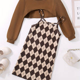 Trendy Girl's 2pcs, Plaid Pattern Sundress & Crop Sweatshirt Set, Casual Outfits, Kids Clothes For Spring Autumn