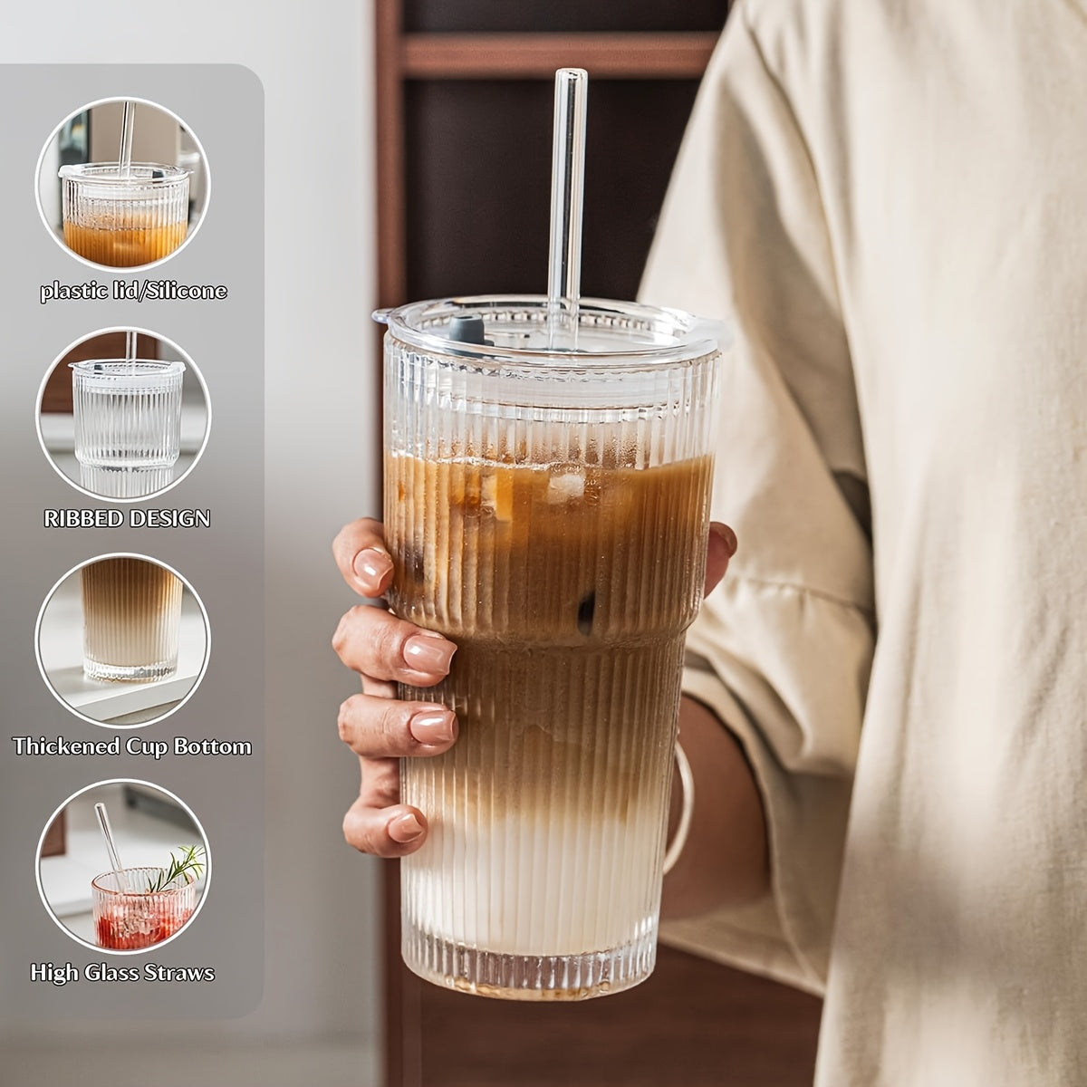 2/4pcs Vintage Striped Glass Mug with Straw And Lid - 20.29oz/600ml BPA-free, Visually Appealing Glass Mug for Coffee, Tea, Soda, Milk Iced Americano, And Latte Drinks, Durable Drinking Glass, Local Warehouse Shipping!