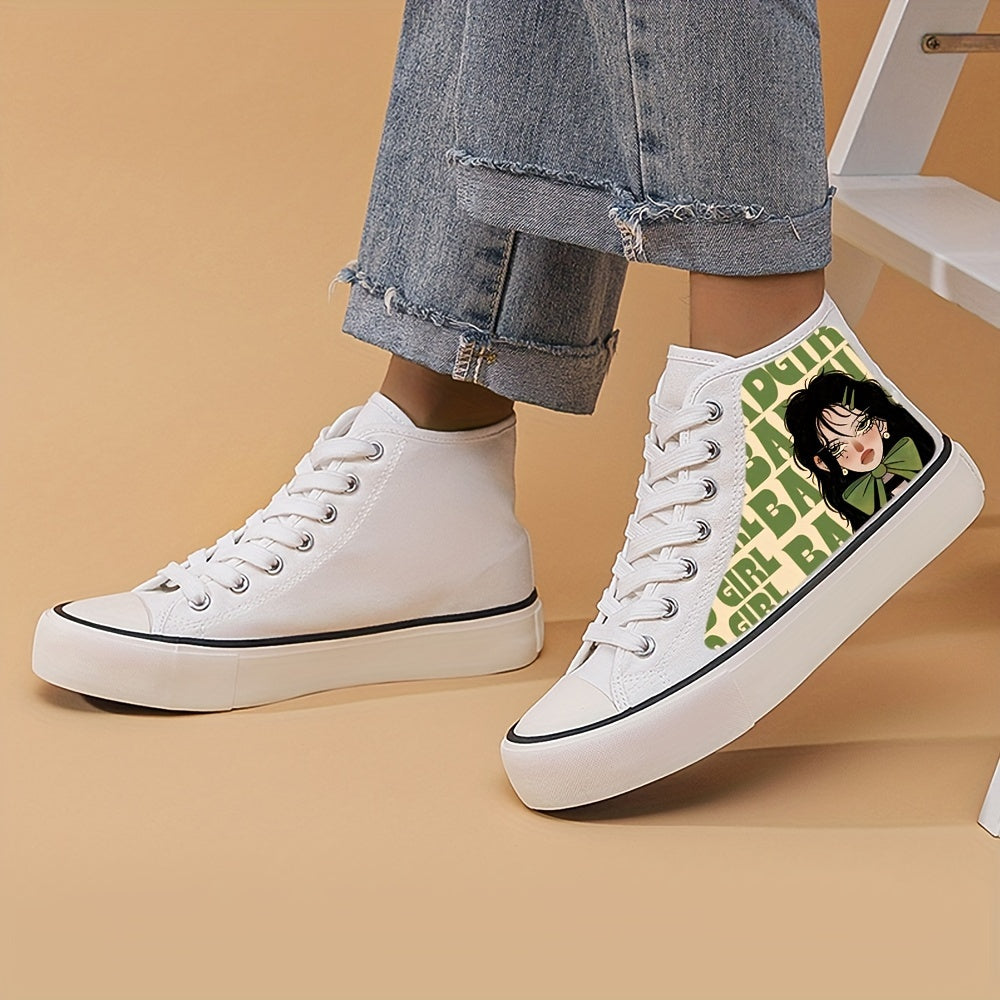 Anime Girl Pattern Lightweight High Top Breathable Canvas Sneakers, Round Toe Flat Classic Lace Up Wear Resistance Skate Shoes, Non Slip Casual Versatile Walking Shoes Running Shoes