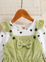Girl's 2pcs, Bowknot Decor Corduroy Overalls & Heart Allover Print Top Set, Casual Outfits, Kids Clothes For Spring Fall
