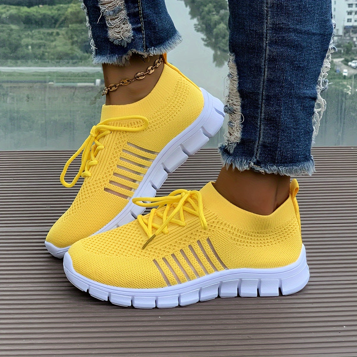 Women's Mesh Breathable Running Shoes, Solid Color Lace Up Front Summer Walking Shoes, Flying Woven Casual Sneakers