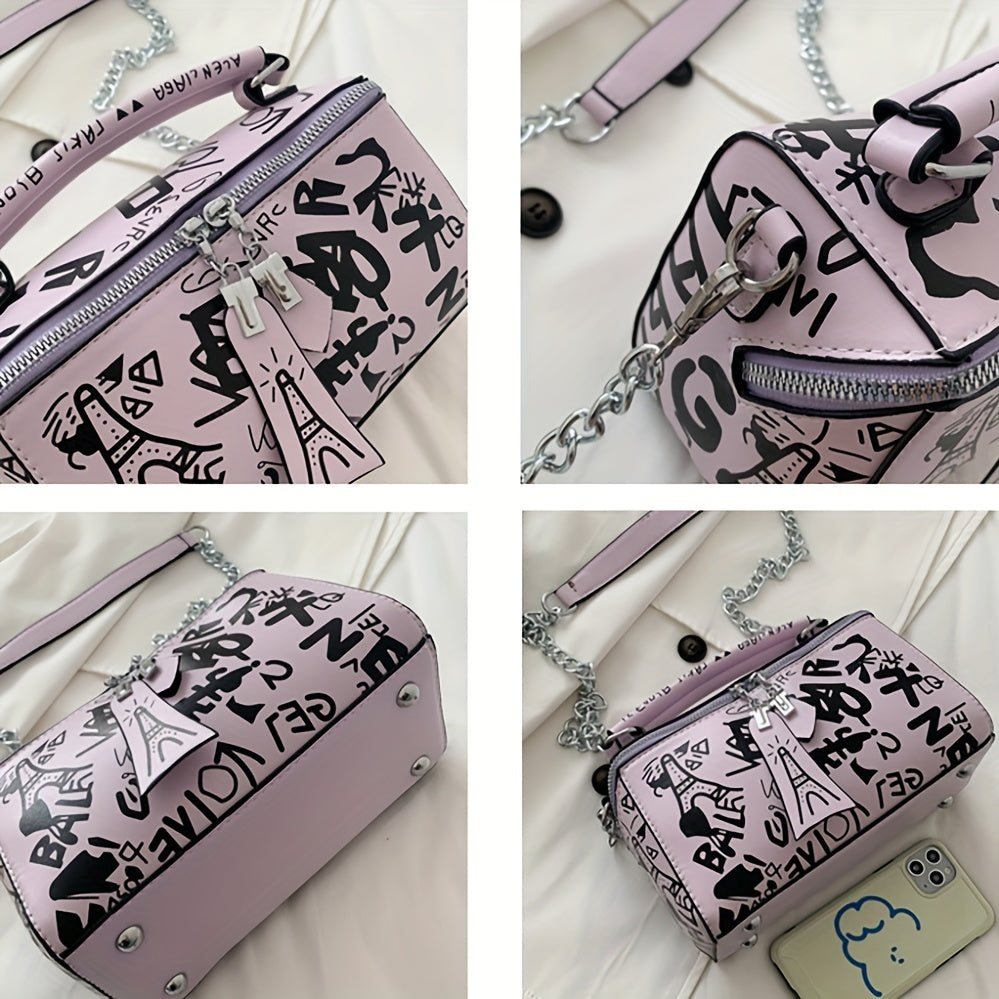 Vibrant Graffiti Small Zipper Box Crossbody Handbag for Women - Trendy Chain Strap, Stylish Design, Compact Size, Easy-Close Zipper, Perfect for Daily Use - Ideal Accessory for Fashion-Conscious Ladies