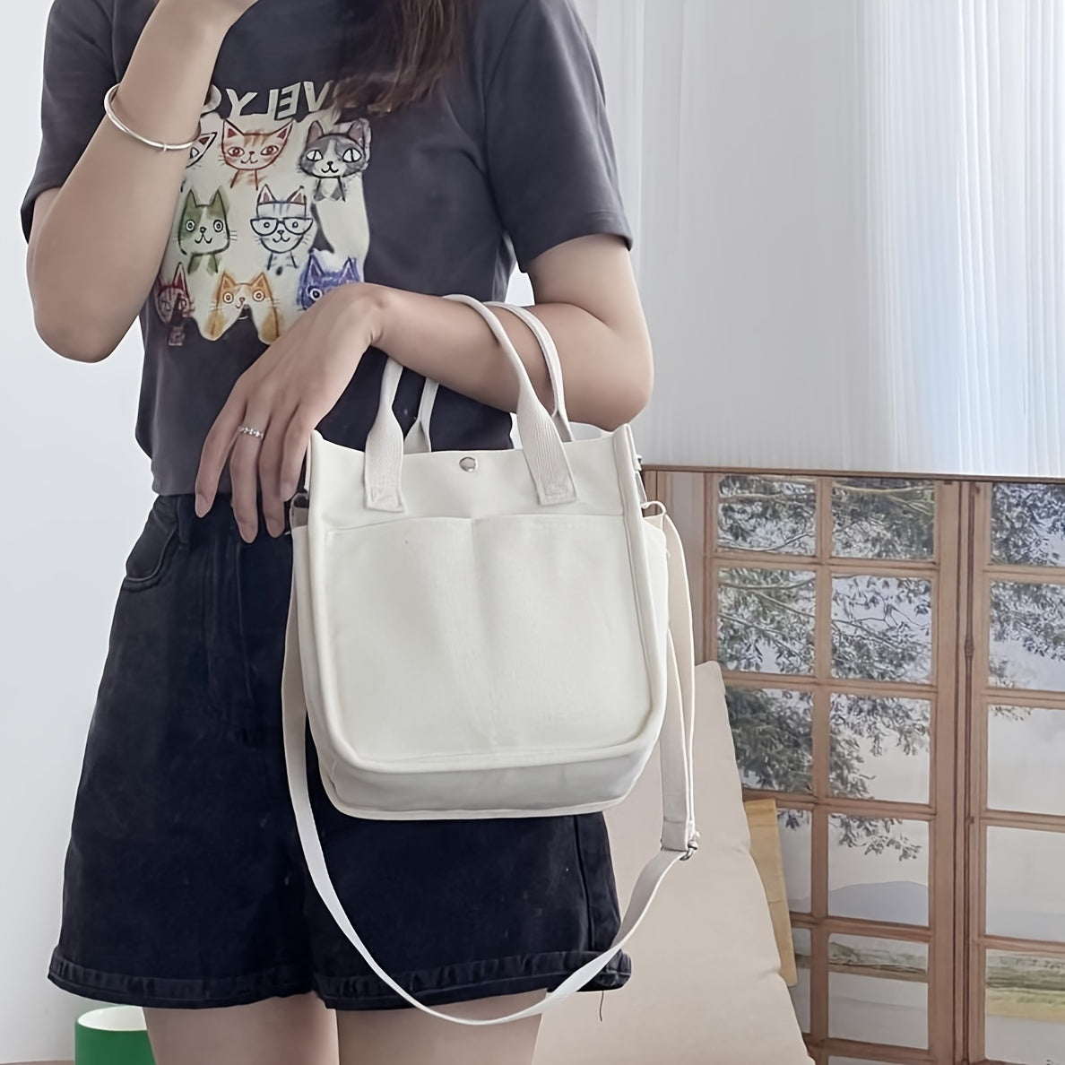 Mini Canvas Tote Bag With Top Handle, Multi Pockets Crossbody Bag, Portable Lunch Box Storage Bag