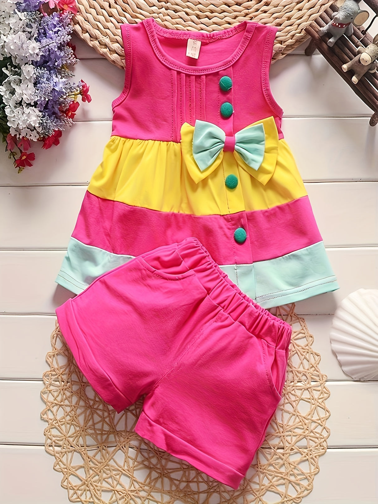 Baby girl fashion summer bow patchwork vest shorts two-piece set of western-style outfits, Perfect for Outdoor