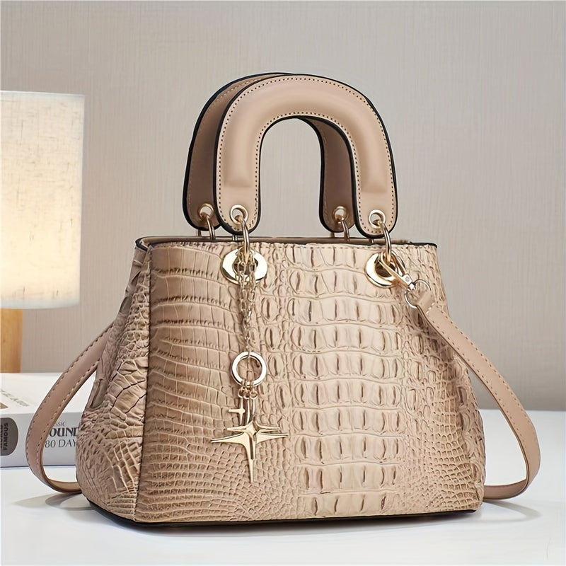 Luxurious PU Crocodile Print Tote Bag - Spacious Interior, Zipper Closure, Polyester Lining, Top Handle Satchel, Shoulder Bag, Crossbody Bag & Purse - Elegant Womens Fashion Handbag with Edge Painted Details