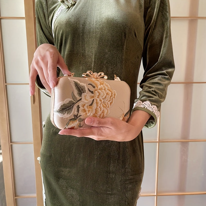 Flower Embroidery Pearl Chain Clutch Bag, Elegent Textured Metal Frame Bag, Classic Celebrity Dinner Evening Bag