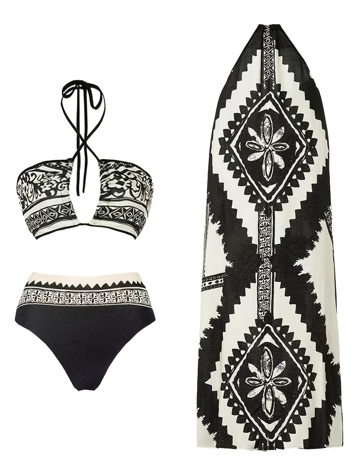 Ladies' Elegant Three Piece Hollow Design Bikini Set With High Elasticity Fabric, Fashionable Beach Swimsuit For Women