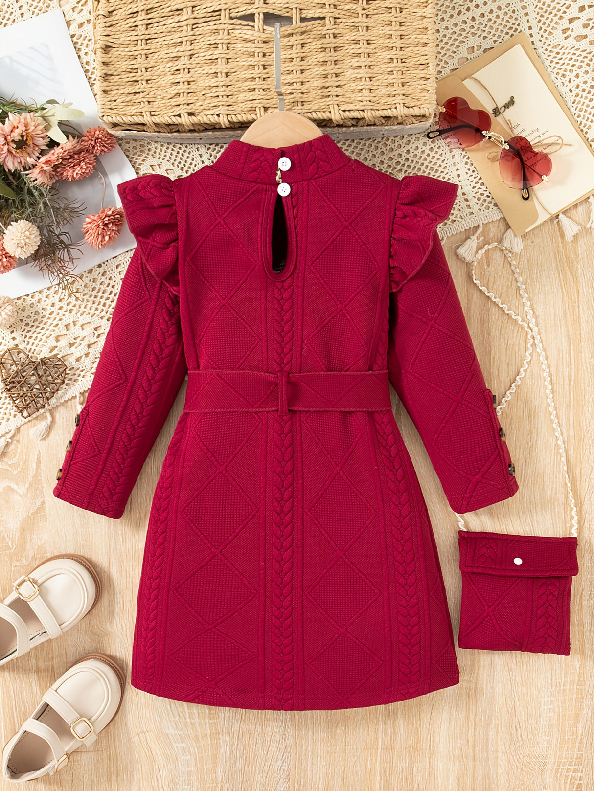 New Spring and Autumn Children's Plain Color Trendy Flying Sleeve Long Sleeve Water Drop Buckle Straight Dress + Belt + Bag