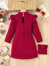New Spring and Autumn Children's Plain Color Trendy Flying Sleeve Long Sleeve Water Drop Buckle Straight Dress + Belt + Bag