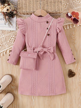 New Spring and Autumn Children's Plain Color Trendy Flying Sleeve Long Sleeve Water Drop Buckle Straight Dress + Belt + Bag