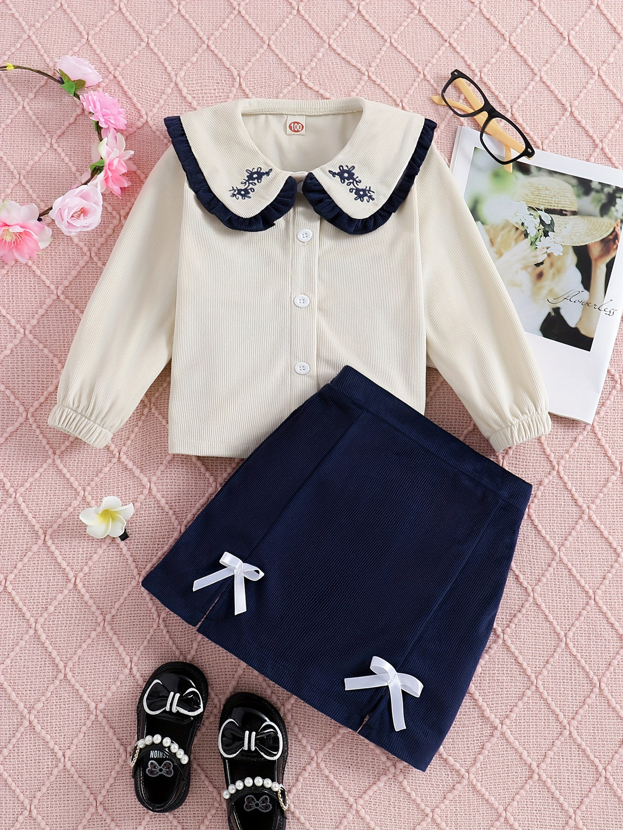 Comfy 2pcs Girls, Embroidery Collar Long Sleeve Knitwear + Skirt Set Kids Clothes For Spring Fall Christmas Gift