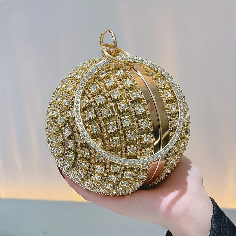 Glamorous Rhinestone Evening Clutch - Women's Elegant Round Handbag for Prom, Party, Wedding, Carnaval, Music Festival - Sparkling Glitter Top Ring Design, Stylish Accessory for Night Out