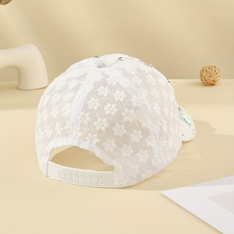Lace Rhinestone Butterfly Baseball Cap Elegant Mesh Breathable White Sports Hats Adjustable Women Trucker Hats