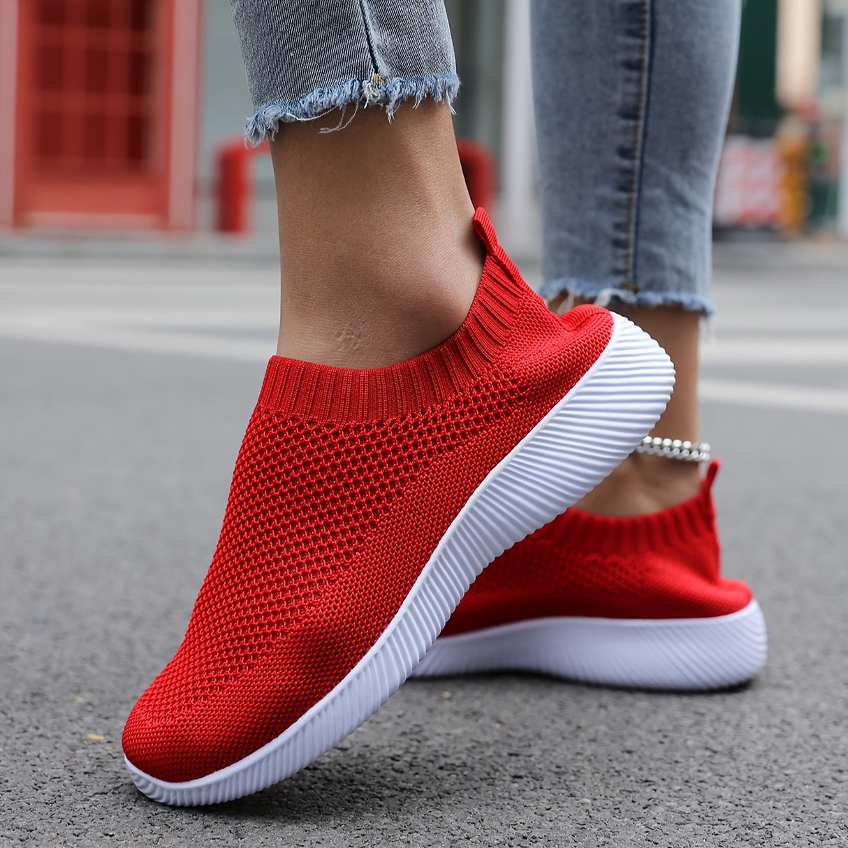 Women's Solid Color Flying Woven Sneakers, Casual & Breathable Slip On Outdoor Shoes, Lightweight Low Top Running Shoes plus size