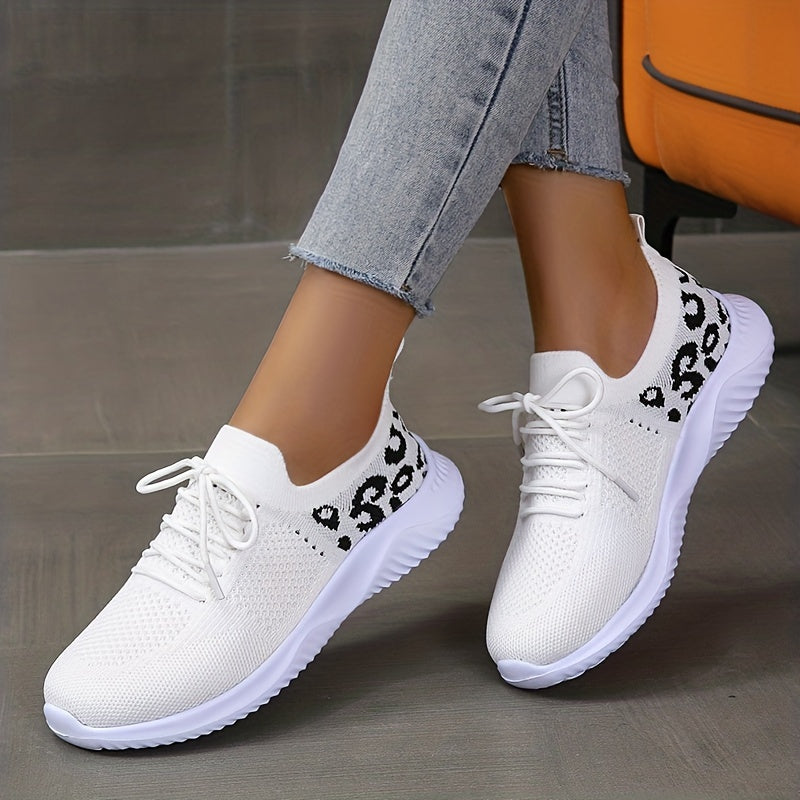 Women's Leopard Knit Sports Shoes, Breathable Lace Up Low Top Running Shoes, Casual Walking Tennis Sneakers