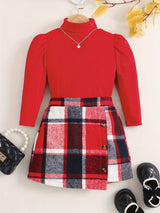 Girl's Elegant 2pcs, Ribbed Long Sleeve Top & Skirt Set, Button Decor Plaid Print Casual Outfits, Kids Clothes For Spring Autumn