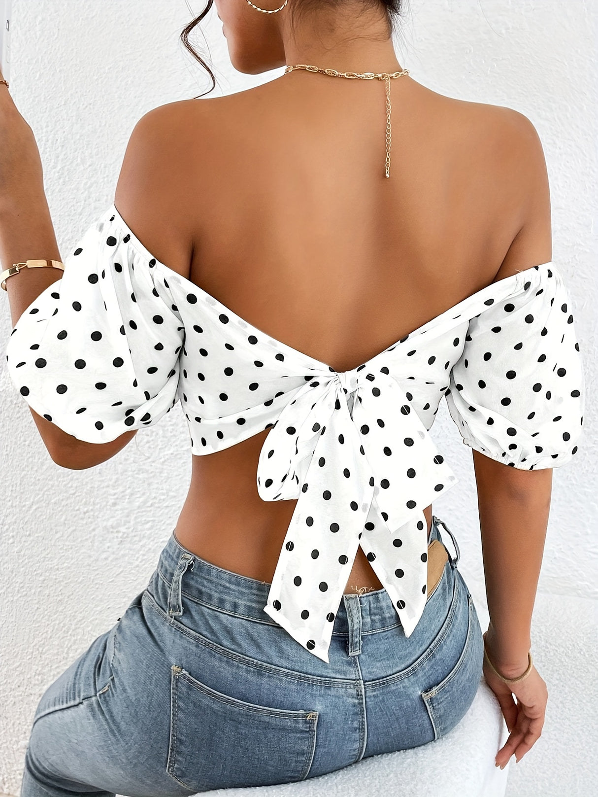 Vintage Chic Polka-Dot Print Tie-Back Crop Blouse - Women's Off Shoulder Crop Tops for Spring & Summer - Breathable, Lightweight, Comfortable, Relaxed Fit Clothing