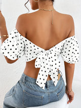 Vintage Chic Polka-Dot Print Tie-Back Crop Blouse - Women's Off Shoulder Crop Tops for Spring & Summer - Breathable, Lightweight, Comfortable, Relaxed Fit Clothing