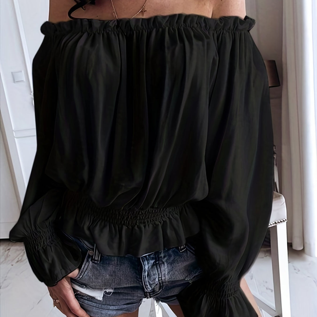 Chic Off Shoulder Ruffle Trim Blouse - Soft Micro Elastic Polyester Fabric, Shirred Details, Solid Color, Casual Long Sleeve Top for Women - Perfect for Spring, Fall, and Summer