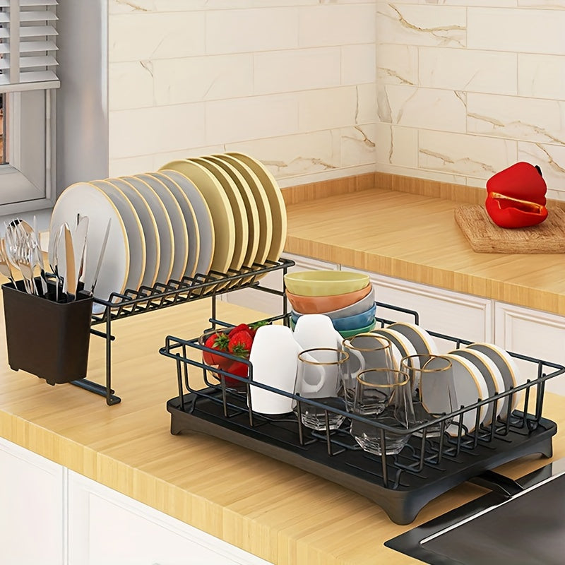 1pc Dish Drainer Rack, Compact Plastic Kitchen Organizer For Plates, Bowls And Silverware, Multi-Functional Drying Storage Holder With Drainboard For Home Use