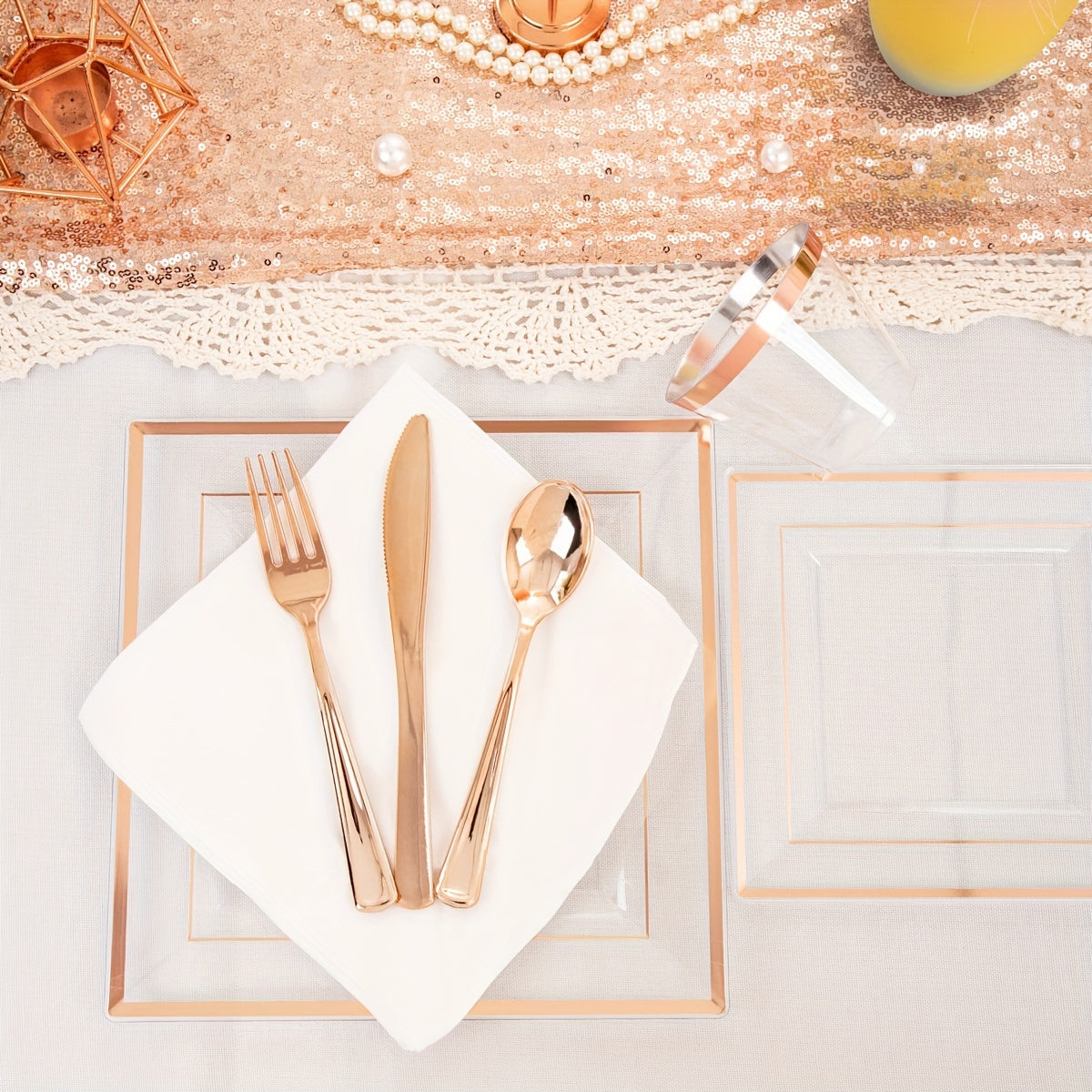 175 PCS Clear Gold Plastic Plates, Gold Plastic Dinnerware Sets Includes: 25 Dinner Plates, 25 Salad Plates, 25 Pre Rolled Napkins with Gold silverware, 25 Cups 9 OZ, Perfect for Wedding and Party (gold/rose gold), Hand washa