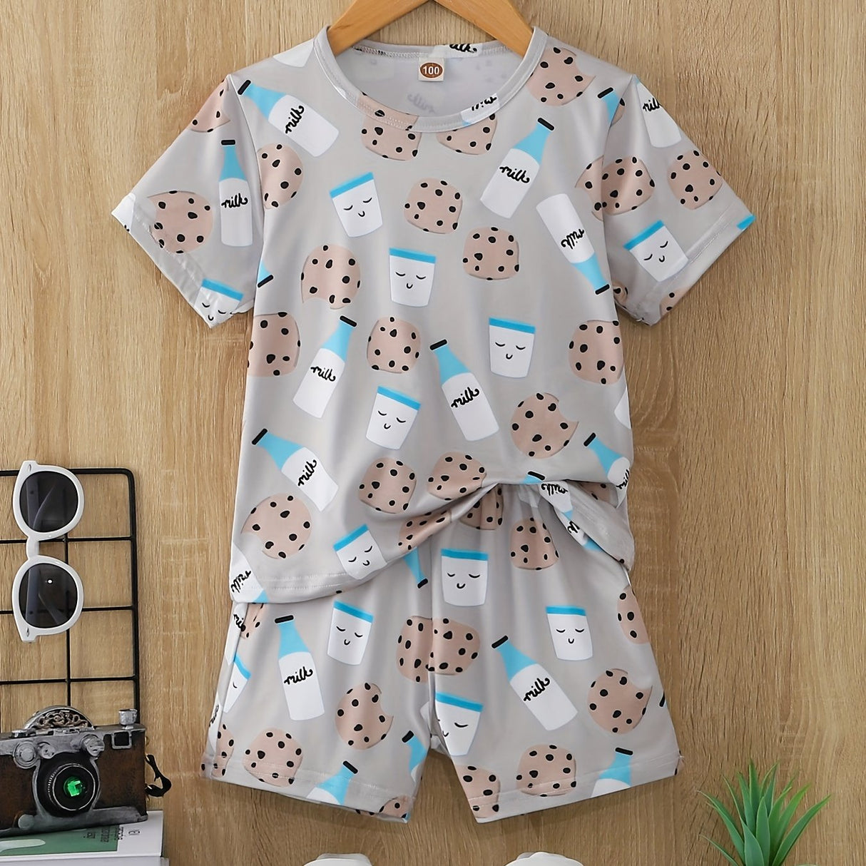 Boys Cartoon Biscuit And Milk Outfit Shorts & T-shirt Short Sleeves Crew Neck Casual Summer Kids Clothes