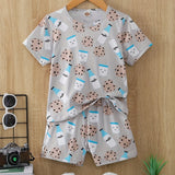 Boys Cartoon Biscuit And Milk Outfit Shorts & T-shirt Short Sleeves Crew Neck Casual Summer Kids Clothes