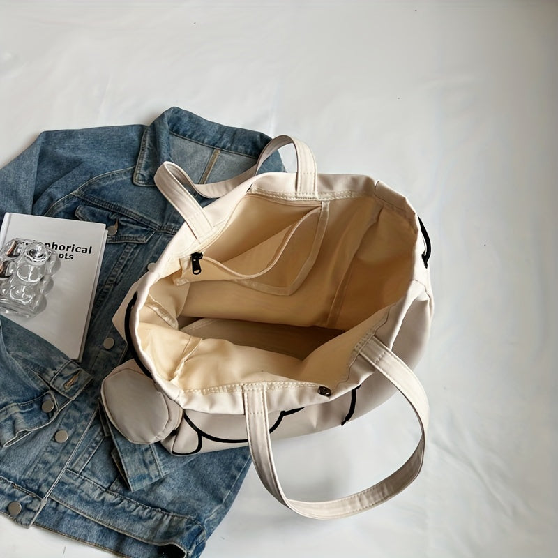 Simple Cartoon Bear Canvas Shoulder Bag, Versatile All-Match Tote Bag With Mini Coin Purse