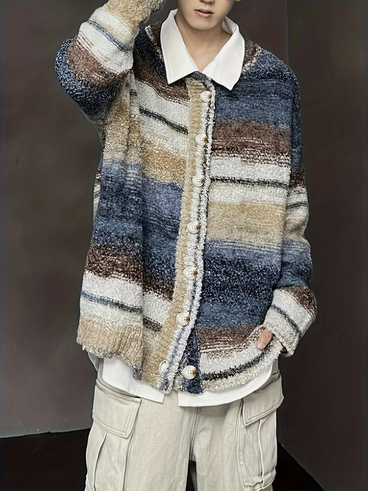 Vintage Geometric Pattern Knit Sweater - Unisex Adult Casual Loose Fit Top with Round Neck, Acrylic Fabric, Elastic Casual Sweater for Men and Women, Spring/Fall Collection
