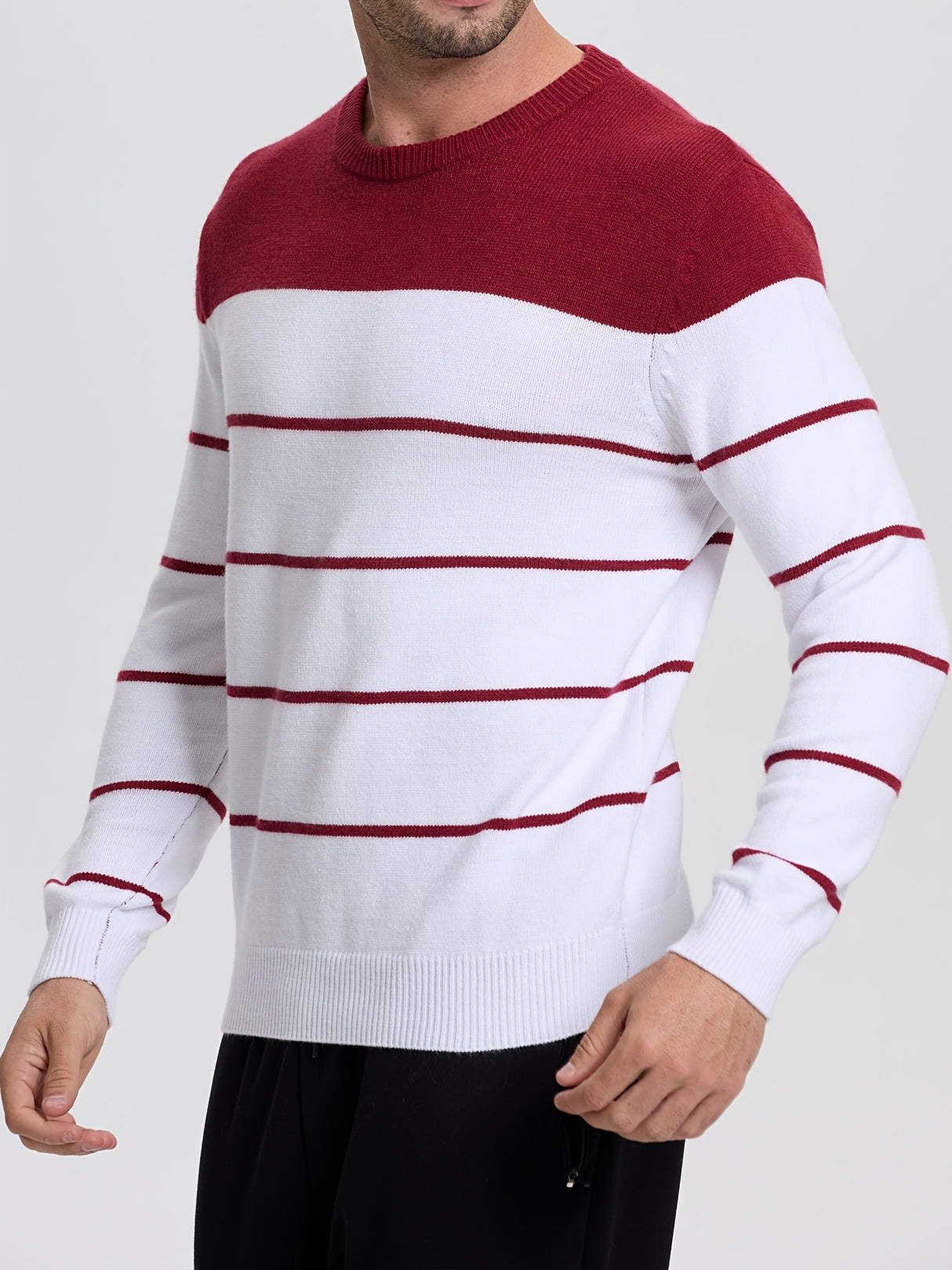 1pc Men'S Casual Viscose Sweater - Crew Neck Striped Pullover with Medium Stretch Knit Fabric, Regular Fit Sports Sweater - For Men - Suitable for Casual Wear, Sports & Everyday - Perfect Gift for Boyfriend & Father