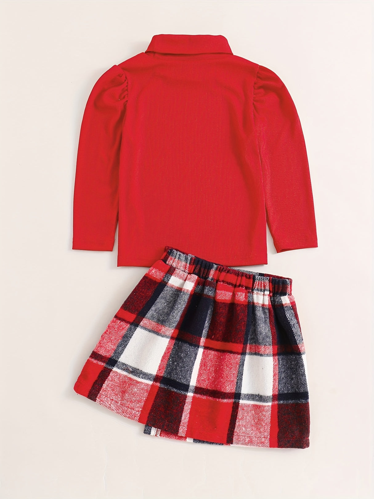 Girl's Elegant 2pcs, Ribbed Long Sleeve Top & Skirt Set, Button Decor Plaid Print Casual Outfits, Kids Clothes For Spring Autumn