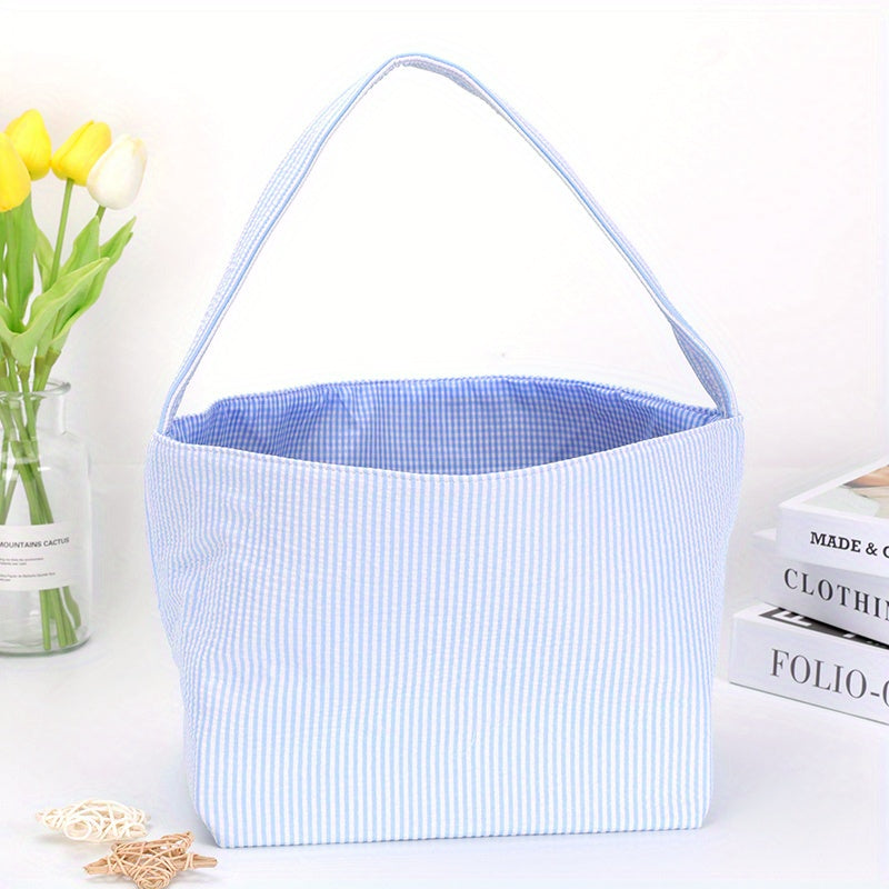 1pc Large Capacity Tote Bag, Easter Gift Bag, Easter Eggs Storage Bucket, Striped Seersucker Bunny Bag, Hunting Easter Eggs Handbag, Easter Party Decorations Gifts Bag, Party Tote Bags, Easter Gift Party Supplies