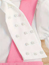 Buy 1 Get 1 Free, total of 2 pcs Girls Holiday Outfit Set - Adorable Beaded Bow Puff Sleeve T-shirt and Button Decor Suspender Skirt Combo - Perfect for Little Girls, Ideal Summer Gift and Holiday Wear, Girls Clothing Collect