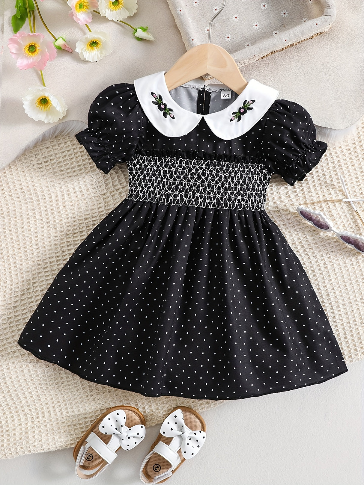 Stylish & Cute Polka Dot Shirred Puff Sleeve Dress, Perfect For Little Girls Banquet Birthday Party Dress Up