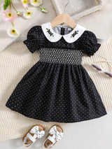 Stylish & Cute Polka Dot Shirred Puff Sleeve Dress, Perfect For Little Girls Banquet Birthday Party Dress Up