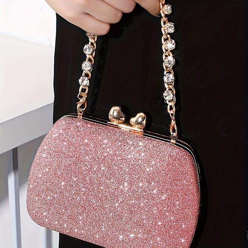 Shimmering Heart Glam Clutch Bag - Studded Chain & Metal Detail - Versatile Evening Wear for Banquets & Parties - Durable PU Material