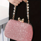 Shimmering Heart Glam Clutch Bag - Studded Chain & Metal Detail - Versatile Evening Wear for Banquets & Parties - Durable PU Material