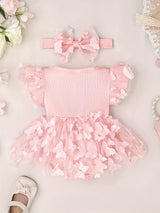 Baby Girl Clothes Cap Sleeve Butterfly Applique Romper Dress+Headband