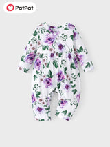 PatPat Baby Girl Cute All Over Rabbit Print/Solid Ribbed V Neck Short-sleeve Jumpsuit For Summer Outdoor Wear