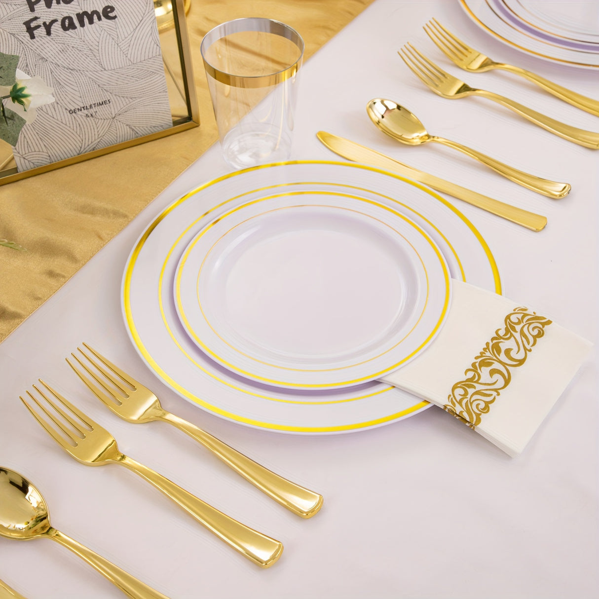 500 Pcs Golden Plastic Plates with Golden Silverware, White Golden Plastic Dinnerware Set for Party include: 100 Dinner Plates 10.25 inch, 100 Dessert Plates 7.5 inch, 100 Golden Silverware Sets