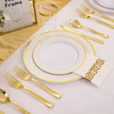 500 Pcs Golden Plastic Plates with Golden Silverware, White Golden Plastic Dinnerware Set for Party include: 100 Dinner Plates 10.25 inch, 100 Dessert Plates 7.5 inch, 100 Golden Silverware Sets