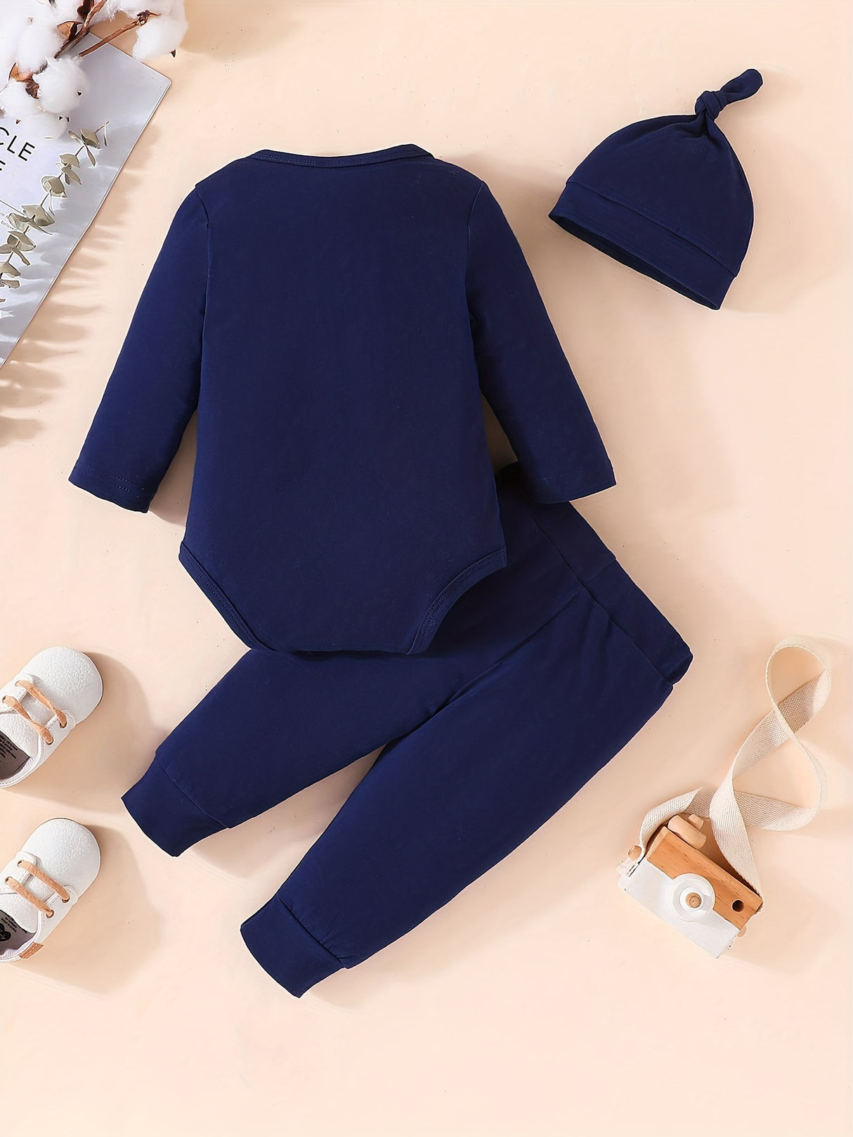 3pcs Baby Boy Long-sleeved Romper + Trousers + Hat, Casual Cotton Set
