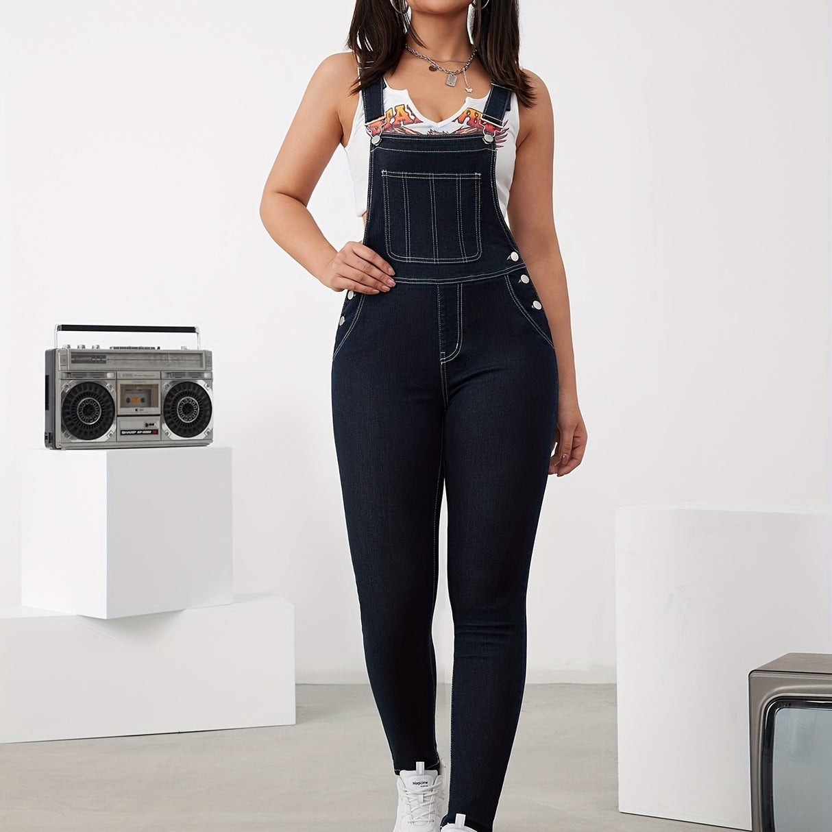 Side Button High Elastic Denim Overalls, Adjustable Strap Elegant Fitting Denim Jumpsuits, Women's Denim Jeans & Clothing
