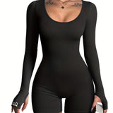 [Long Sleeve Workout Rompers] OQQ Women Yoga Rompers Ribbed Workout Long Sleeve Round Neck Exercise Jumpsuits Rompers