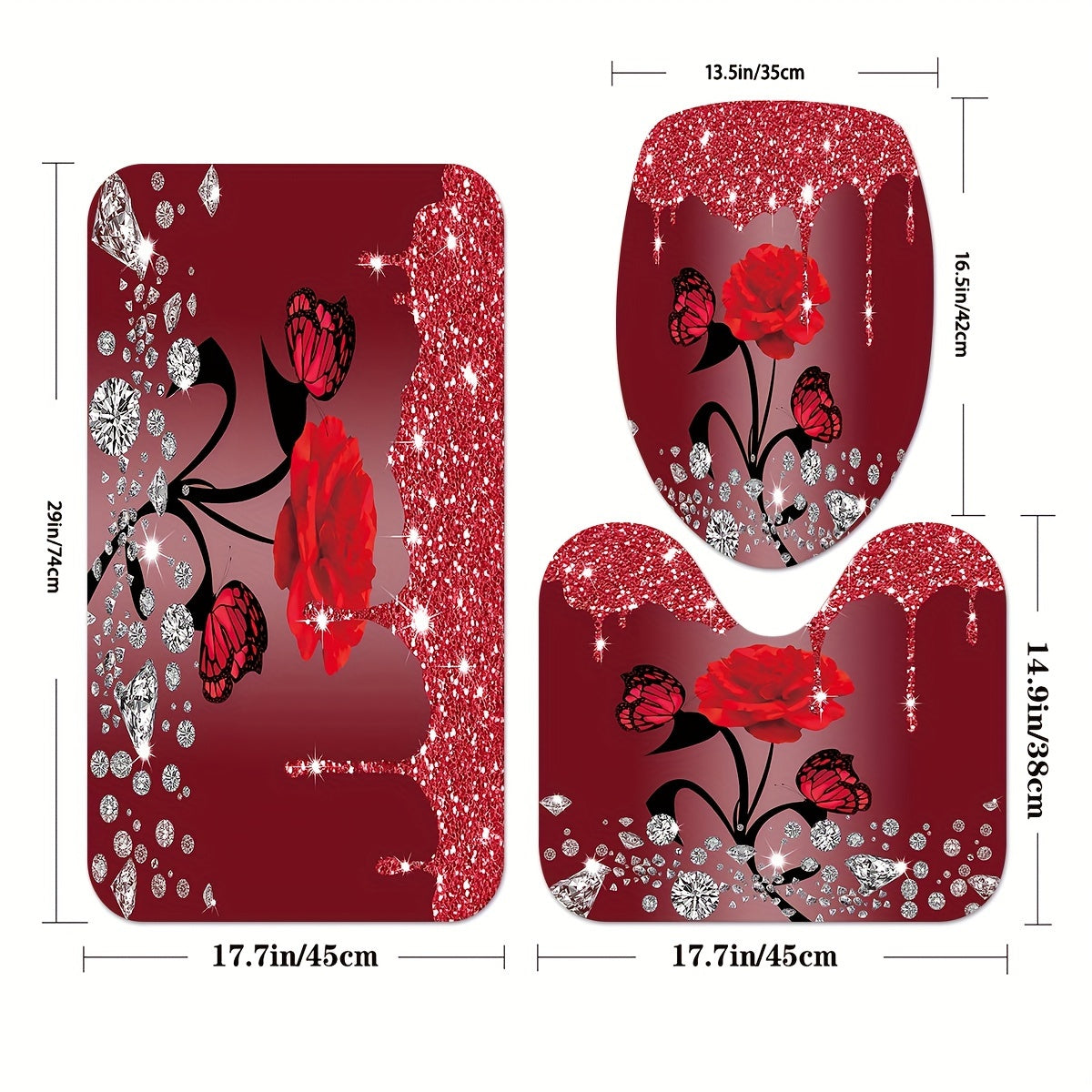 1/3/4pcs Diamond Butterfly Rose Pattern Shower Curtain Set - Waterproof, Non-Slip, Decorative Bathroom Essentials with Bath Mat, Toilet Cover Pad, U-Shaped Mat, and Hooks - Complete Home Bathroom Decor Solution